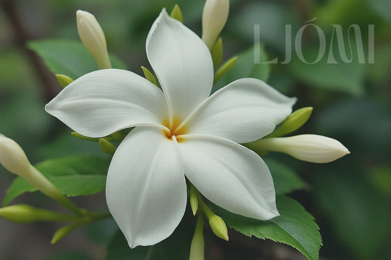 Close-up of a delicate jasmine flower, with white petals and a yellow centre, symbolising purity and fragrance. Image created for the article by Ljomi - What does Jasmine smell like?