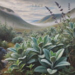 Image of wild sage growing in the Scottish highlands, with silver-green, velvety sage leaves scattered among rocky, grassy terrain. Misty mountains and rolling hills create a serene, natural backdrop under a cloudy sky. This image captures the untouched beauty of sage in its native setting, evoking the earthy, herbal aroma often prompting the question, 'What does sage smell like?