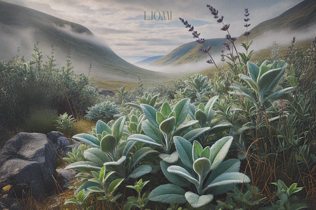 Image of wild sage growing in the Scottish highlands, with silver-green, velvety sage leaves scattered among rocky, grassy terrain. Misty mountains and rolling hills create a serene, natural backdrop under a cloudy sky. This image captures the untouched beauty of sage in its native setting, evoking the earthy, herbal aroma often prompting the question, 'What does sage smell like?