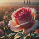 A realistic close-up of a blooming rose in a rose field, capturing the essence of 'What does a rose smell like.' The rose's delicate pink and red petals are detailed, with small dewdrops adding freshness. In the background, a field of roses stretches out, softly blurred, under warm morning or golden-hour light, evoking a serene, natural atmosphere that hints at the soft, floral, and slightly sweet fragrance associated with roses.