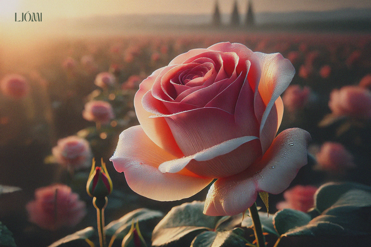 A realistic close-up of a blooming rose in a rose field, capturing the essence of 'What does a rose smell like.' The rose's delicate pink and red petals are detailed, with small dewdrops adding freshness. In the background, a field of roses stretches out, softly blurred, under warm morning or golden-hour light, evoking a serene, natural atmosphere that hints at the soft, floral, and slightly sweet fragrance associated with roses.